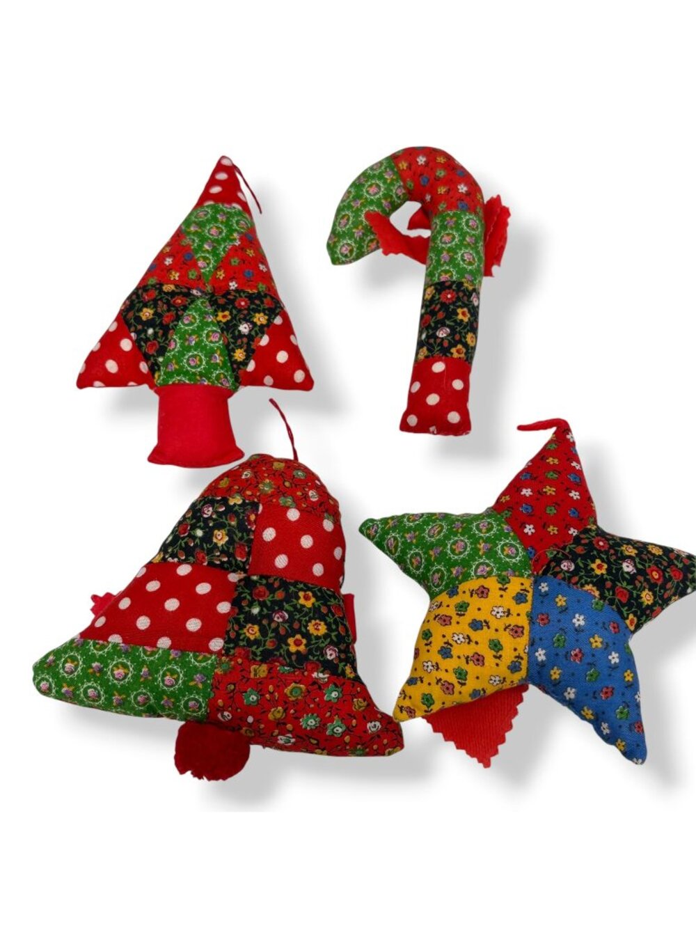 Quilted Christmas Ornaments Set of 4 Country Patchwork Fabric Vintage Holiday